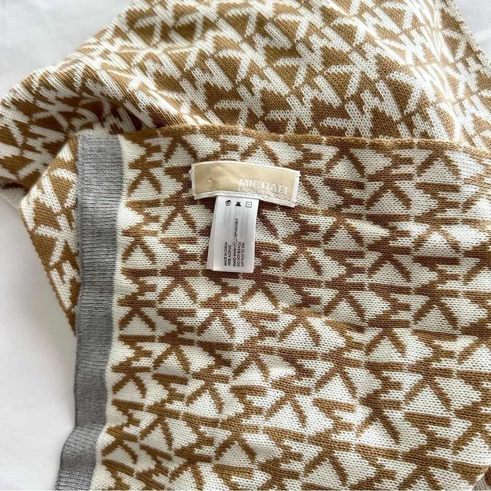 Michael Kors reversible monogram logo scarf cream & tan, gray border 64” x 9.5”